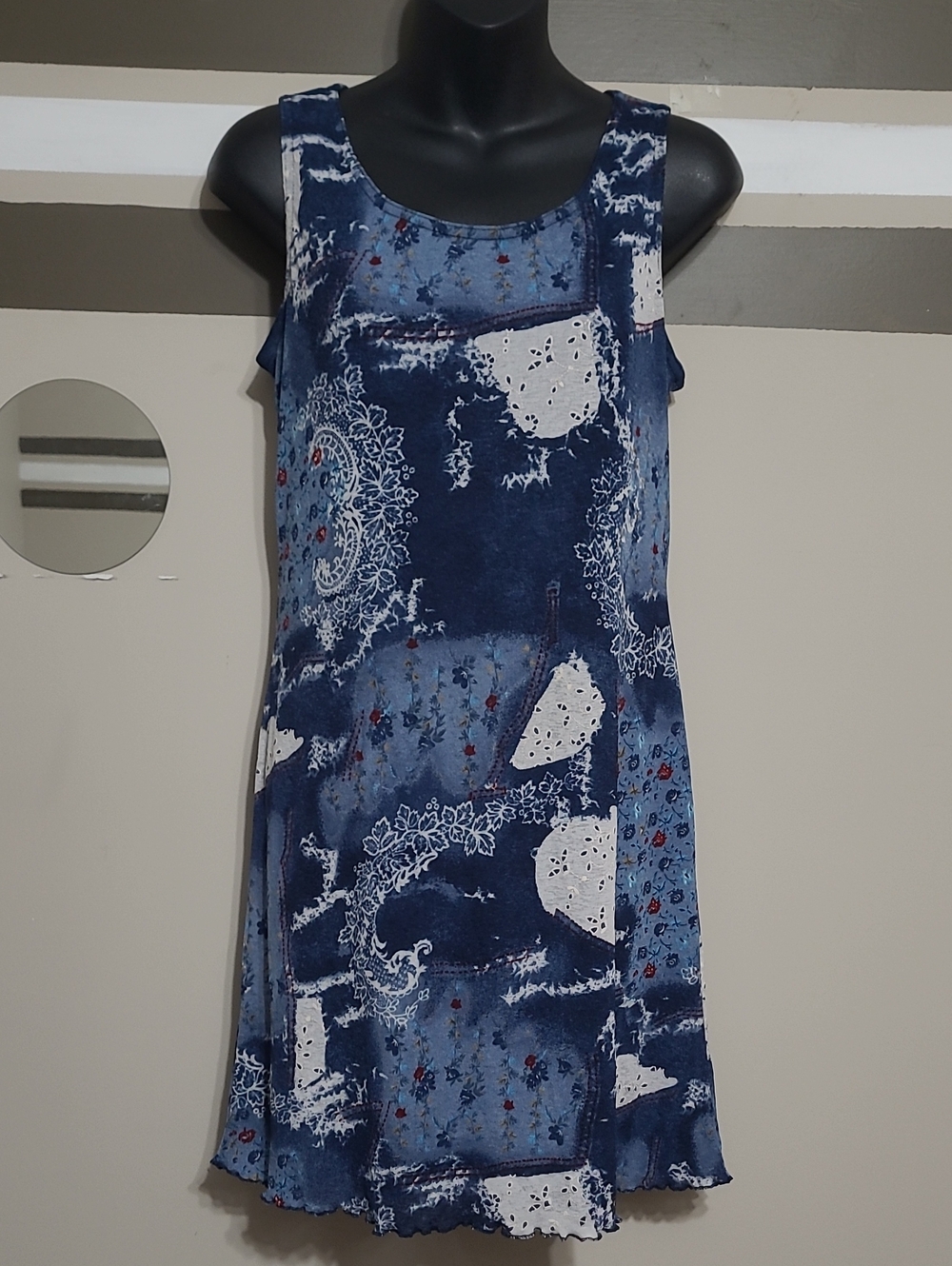 Marie Claire Sleeveless Blue Floral Patchwork Print A-Line Midi Dress Sz Med
